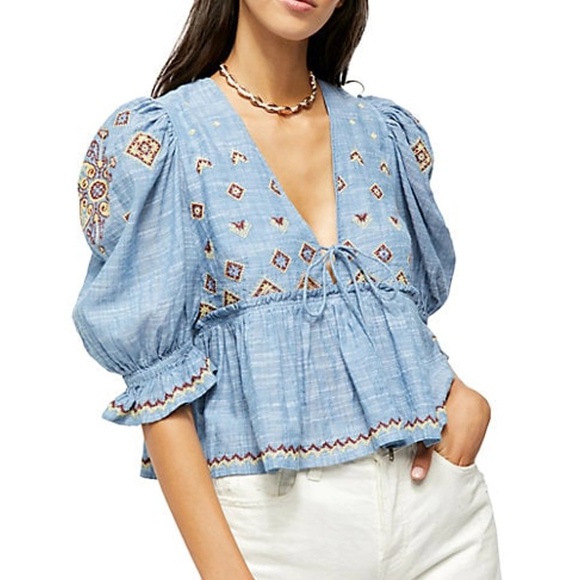 Free People Tallulah Embroidered Blouse In Chambray - Picture 1 of 6